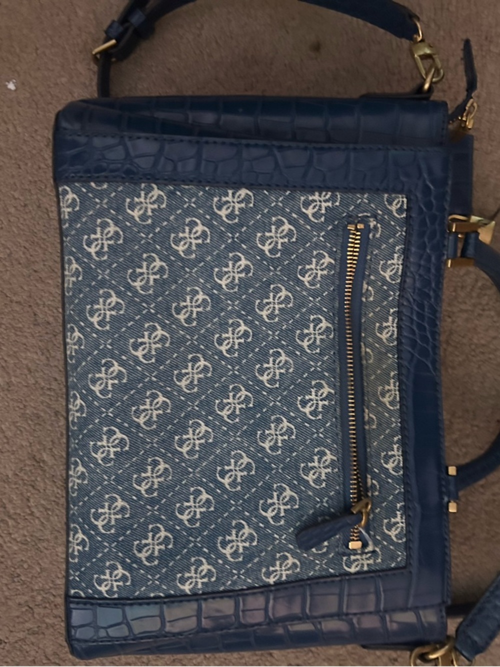 Guess Blue Monogram Croc-Trim Shoulder Bag